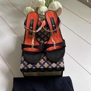 Vintage Patrick Cox Black Canvas/patterned snakeskin Strappy Sandals, 37EU/6.5US